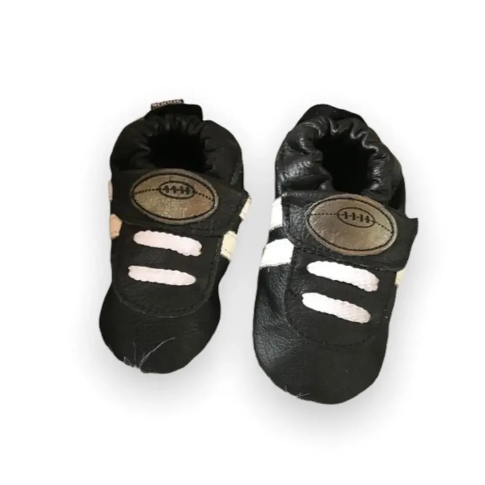 Shoo Shoos Boys Moccasins Size 6-12 Mo Black White Football Leather Soft Sole